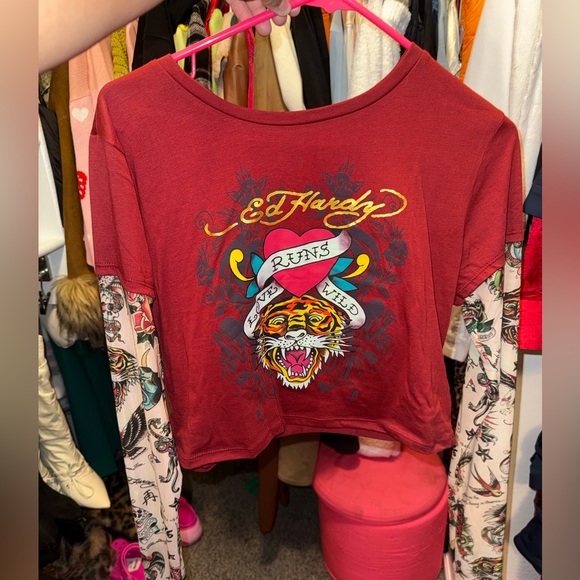 Ed Hardy Maroon Graphic Long Sleeve Shirt - Picture 2 of 3